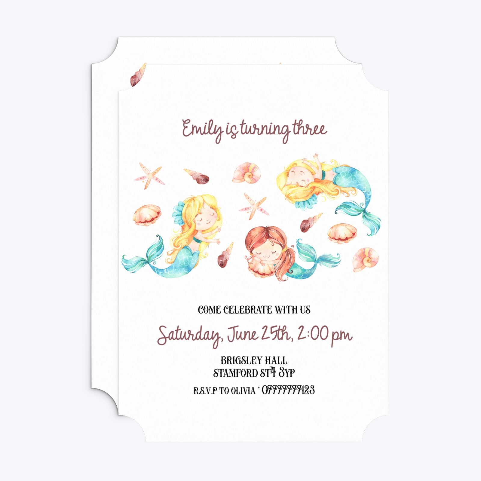 Mermaid Personalised Happy Birthday Ticket Invitation Matte Paper Front and Back Image