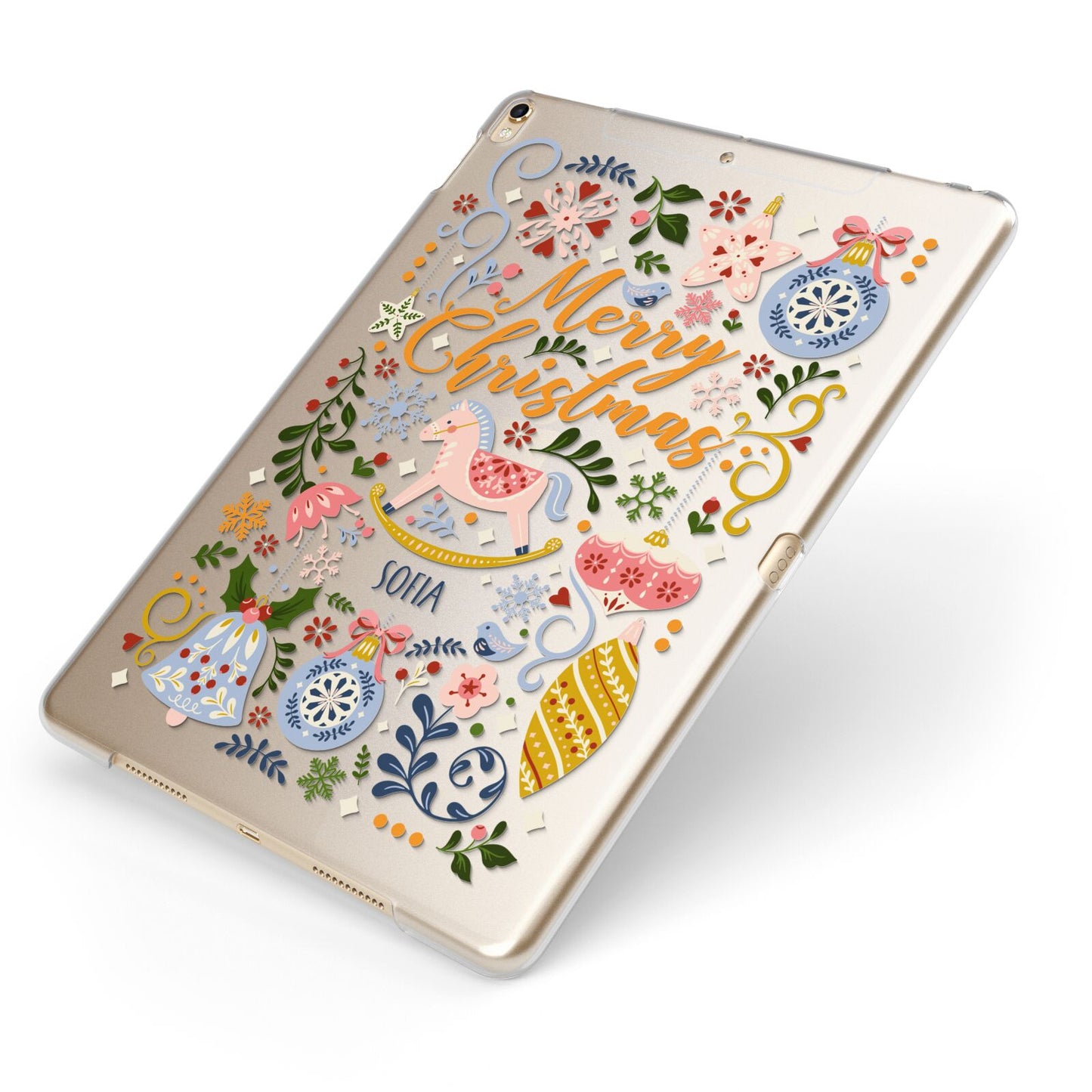Merry Christmas Illustrated Apple iPad Case on Gold iPad Side View