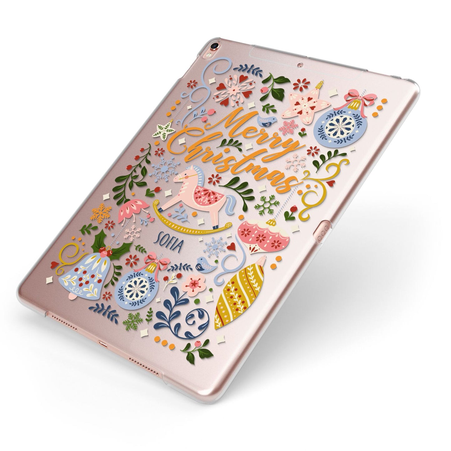 Merry Christmas Illustrated Apple iPad Case on Rose Gold iPad Side View