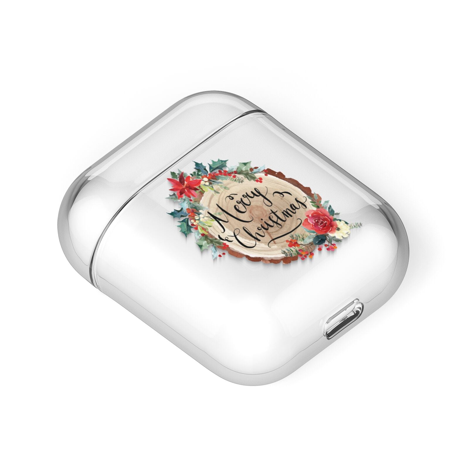 Merry Christmas Log Floral AirPods Case Laid Flat