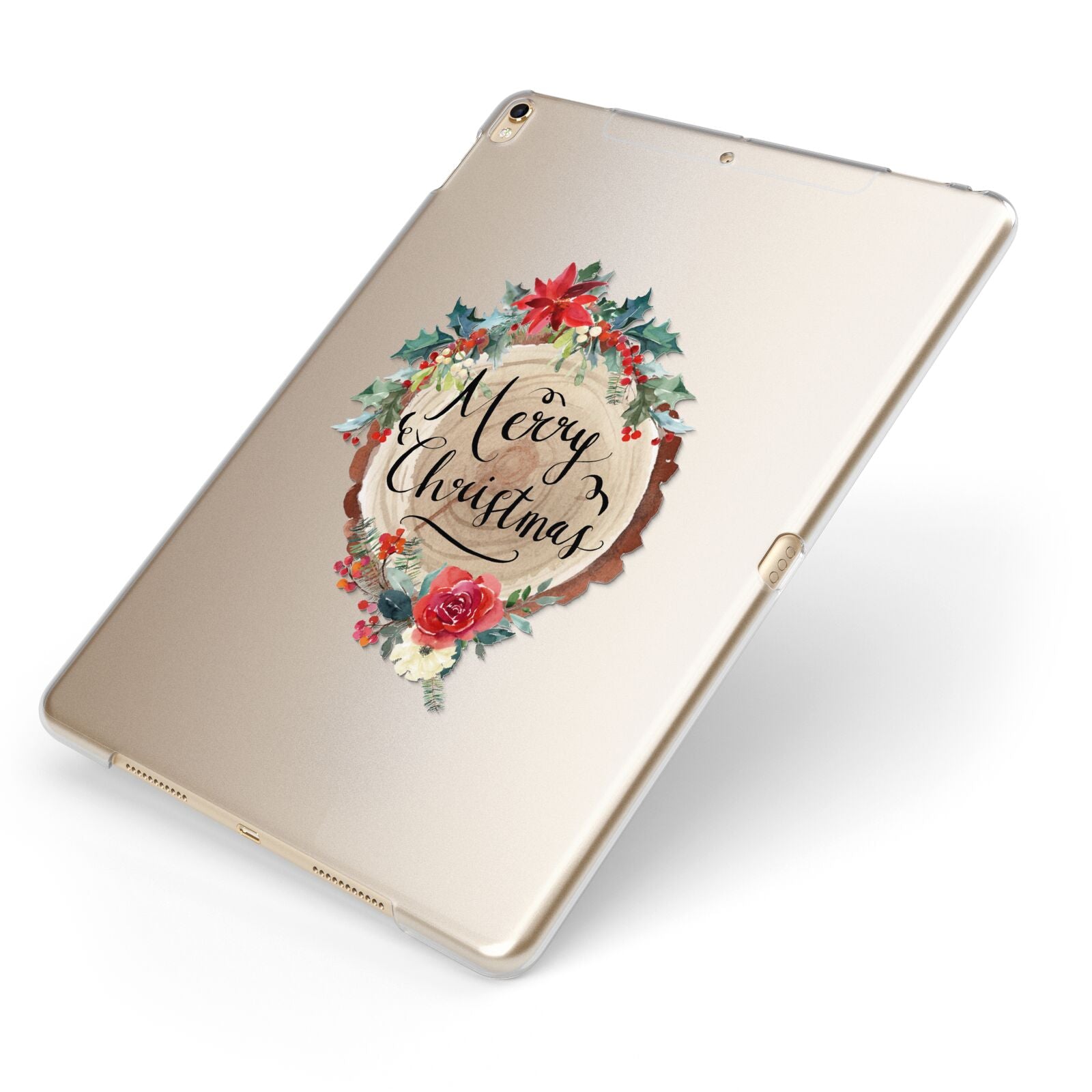Merry Christmas Log Floral Apple iPad Case on Gold iPad Side View