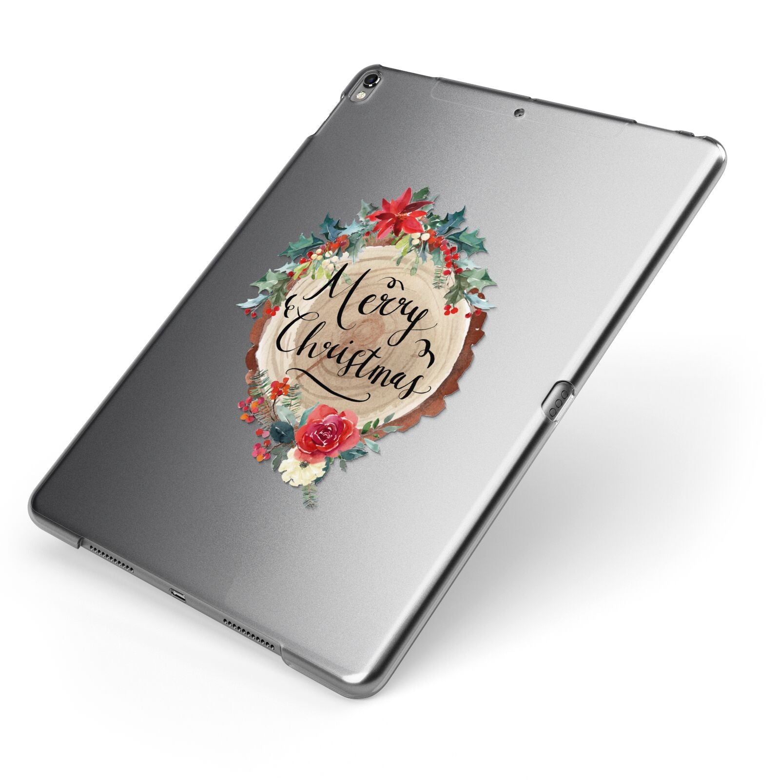 Merry Christmas Log Floral Apple iPad Case on Grey iPad Side View