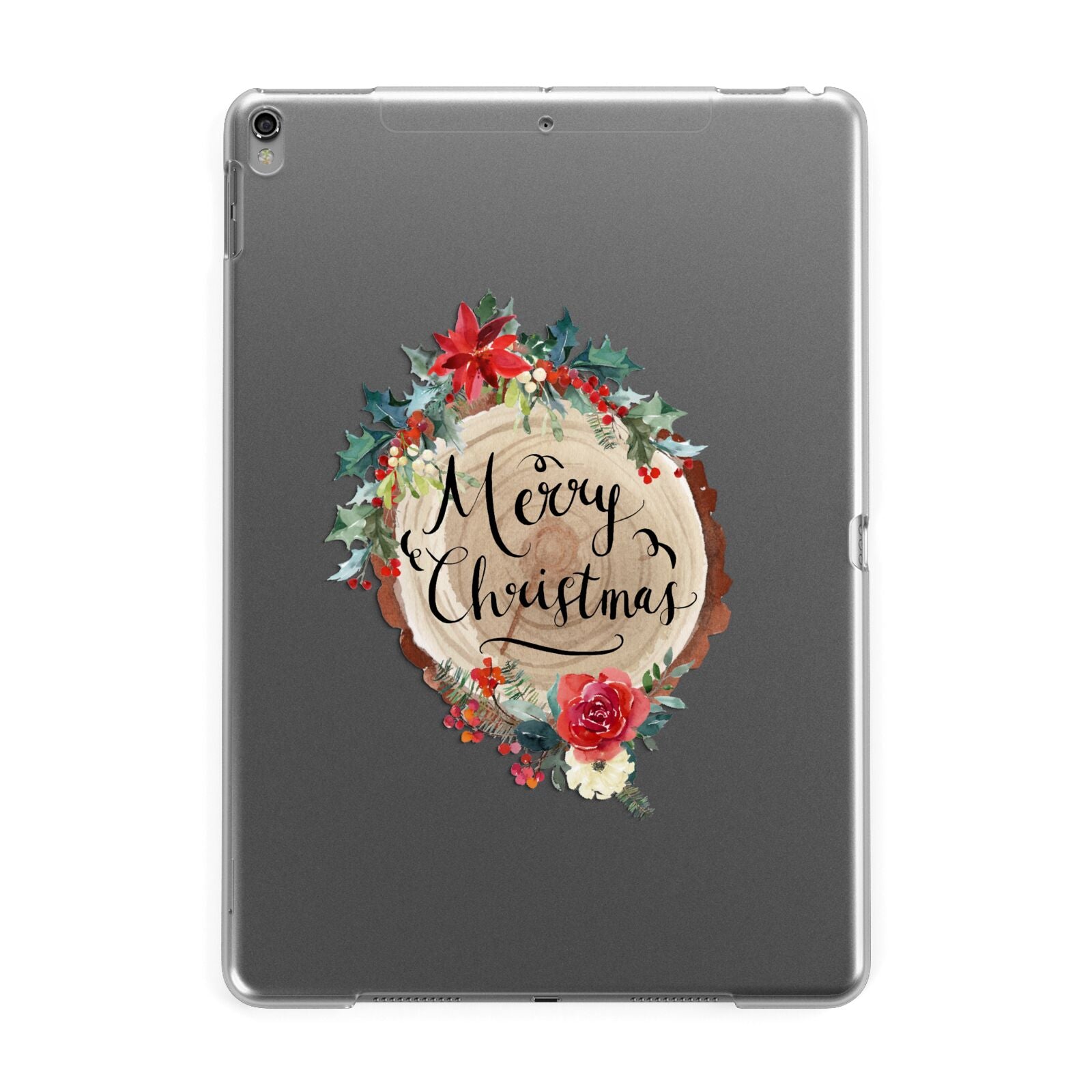 Merry Christmas Log Floral Apple iPad Grey Case