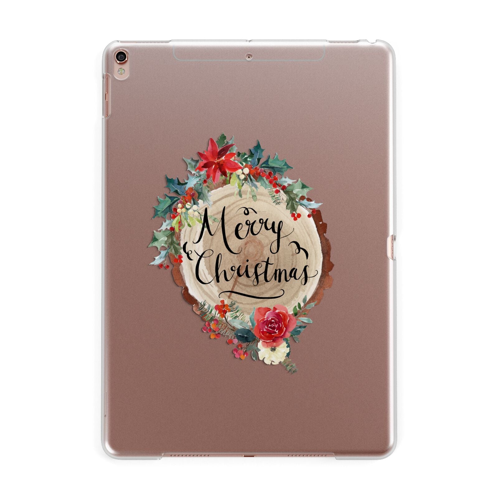 Merry Christmas Log Floral Apple iPad Rose Gold Case
