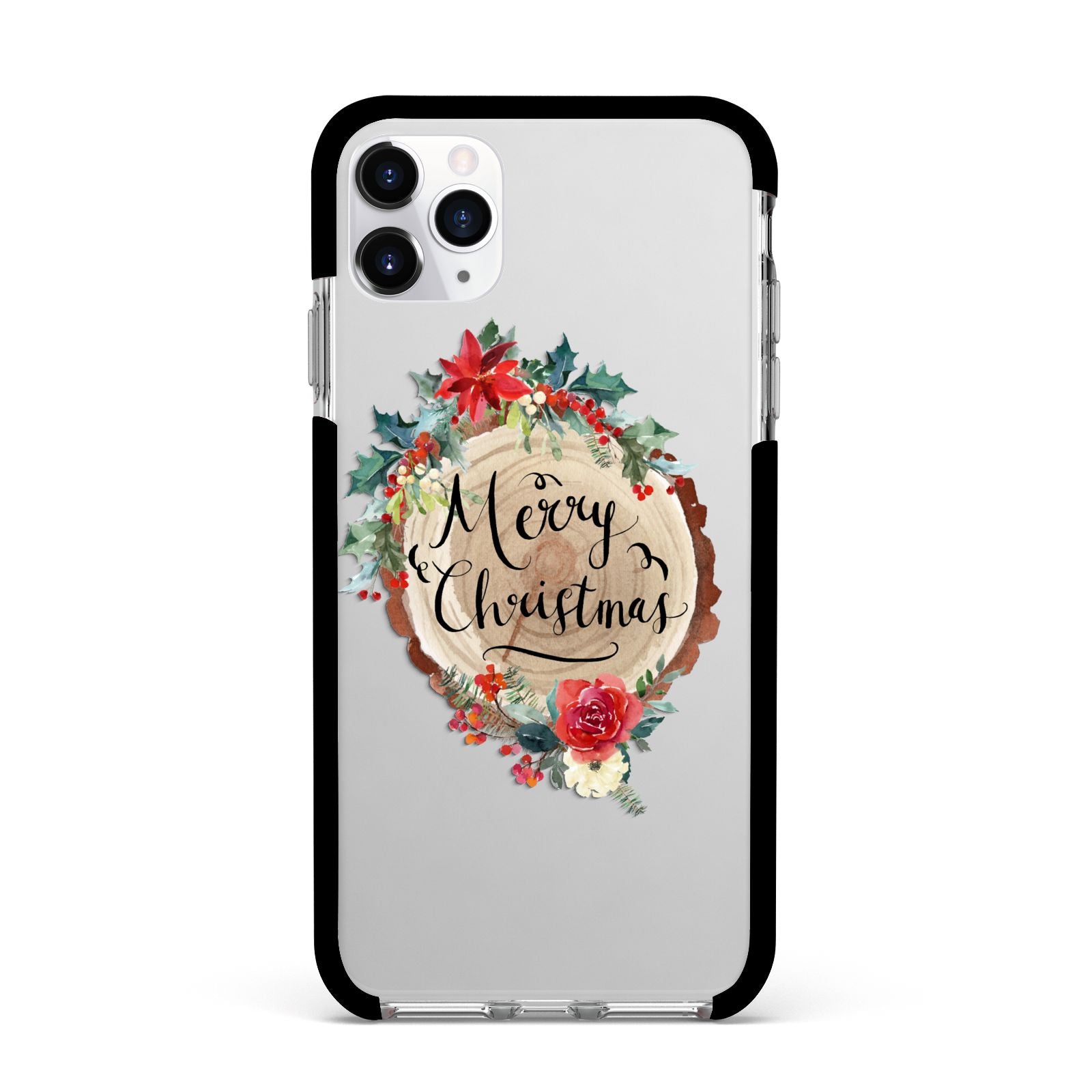 Merry Christmas Log Floral Apple iPhone 11 Pro Max in Silver with Black Impact Case