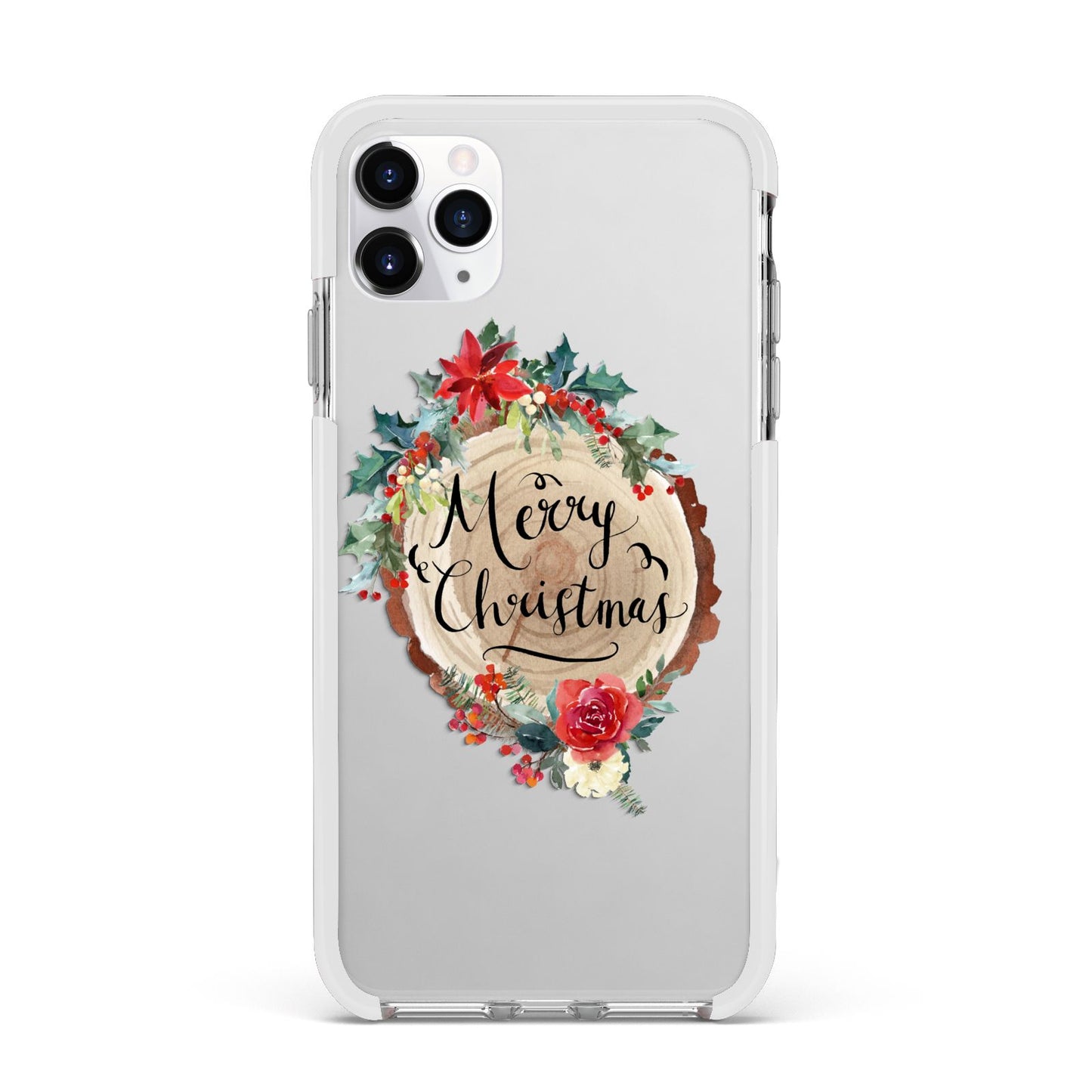 Merry Christmas Log Floral Apple iPhone 11 Pro Max in Silver with White Impact Case