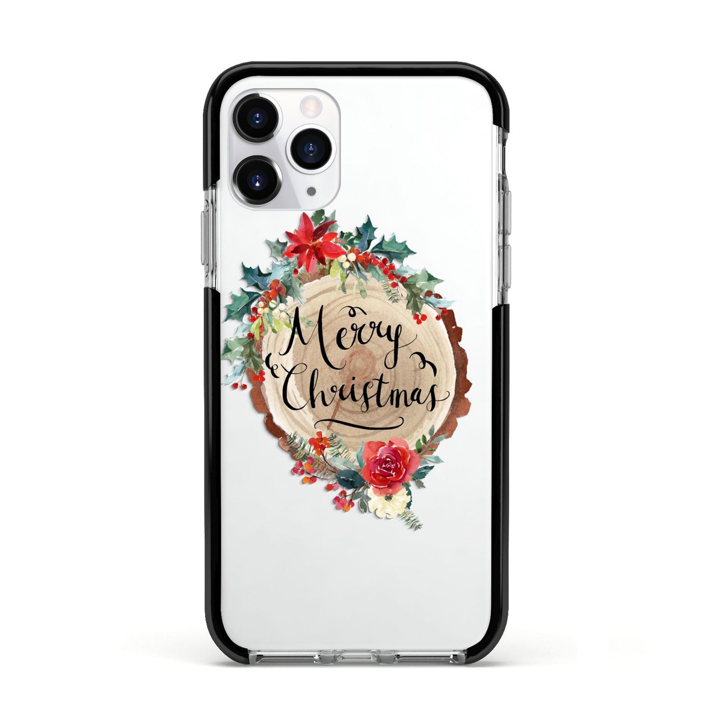 Merry Christmas Log Floral Apple iPhone 11 Pro in Silver with Black Impact Case