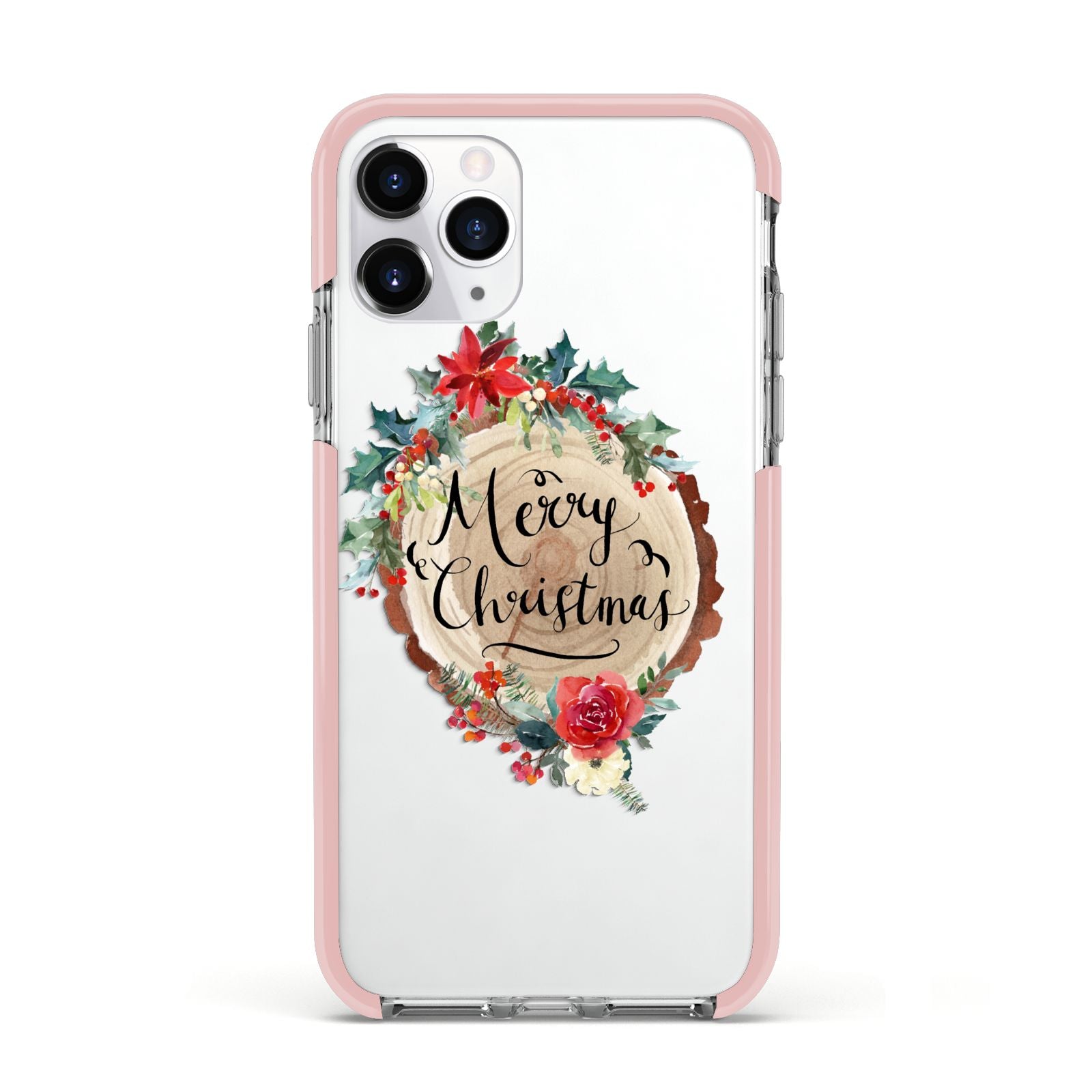 Merry Christmas Log Floral Apple iPhone 11 Pro in Silver with Pink Impact Case