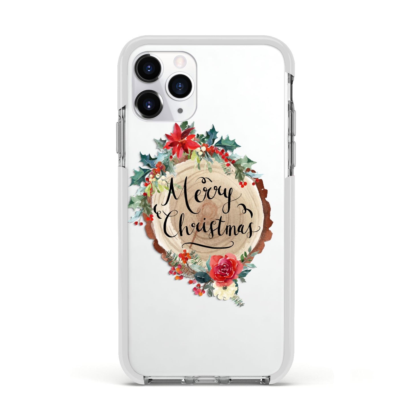 Merry Christmas Log Floral Apple iPhone 11 Pro in Silver with White Impact Case