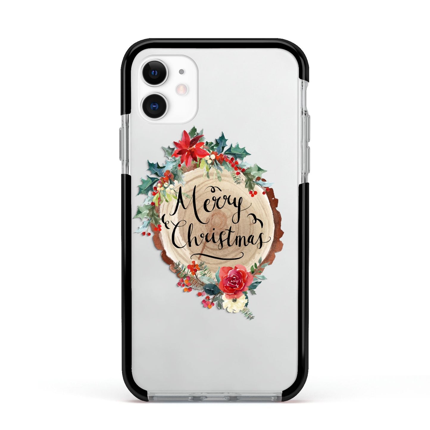 Merry Christmas Log Floral Apple iPhone 11 in White with Black Impact Case