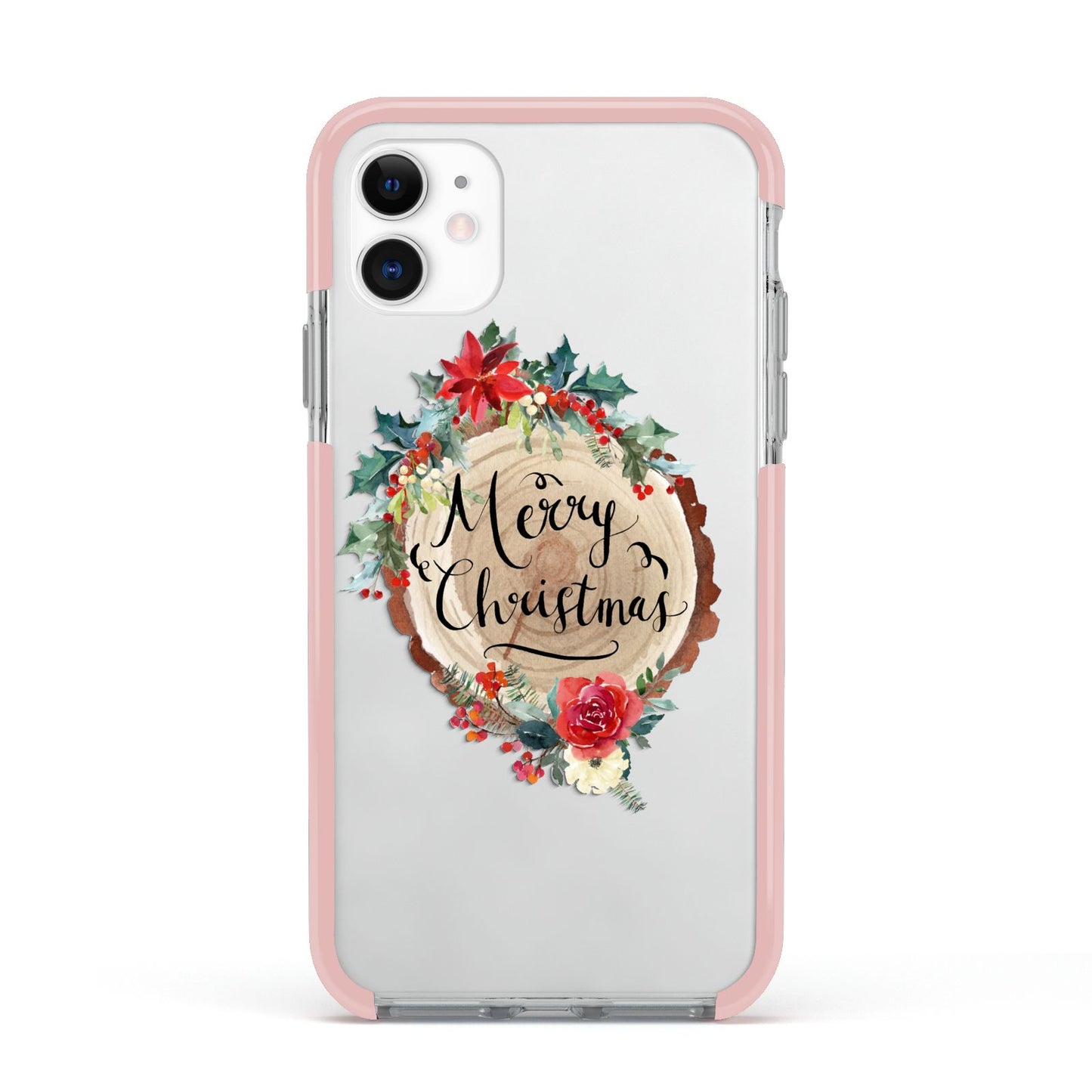 Merry Christmas Log Floral Apple iPhone 11 in White with Pink Impact Case