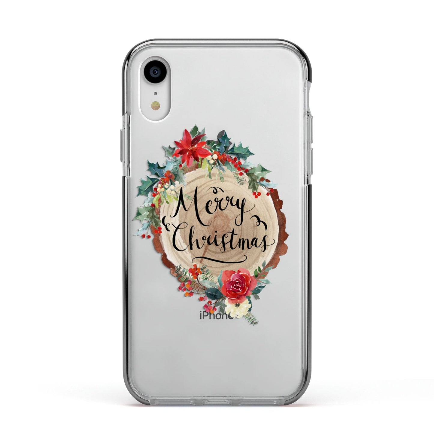Merry Christmas Log Floral Apple iPhone XR Impact Case Black Edge on Silver Phone