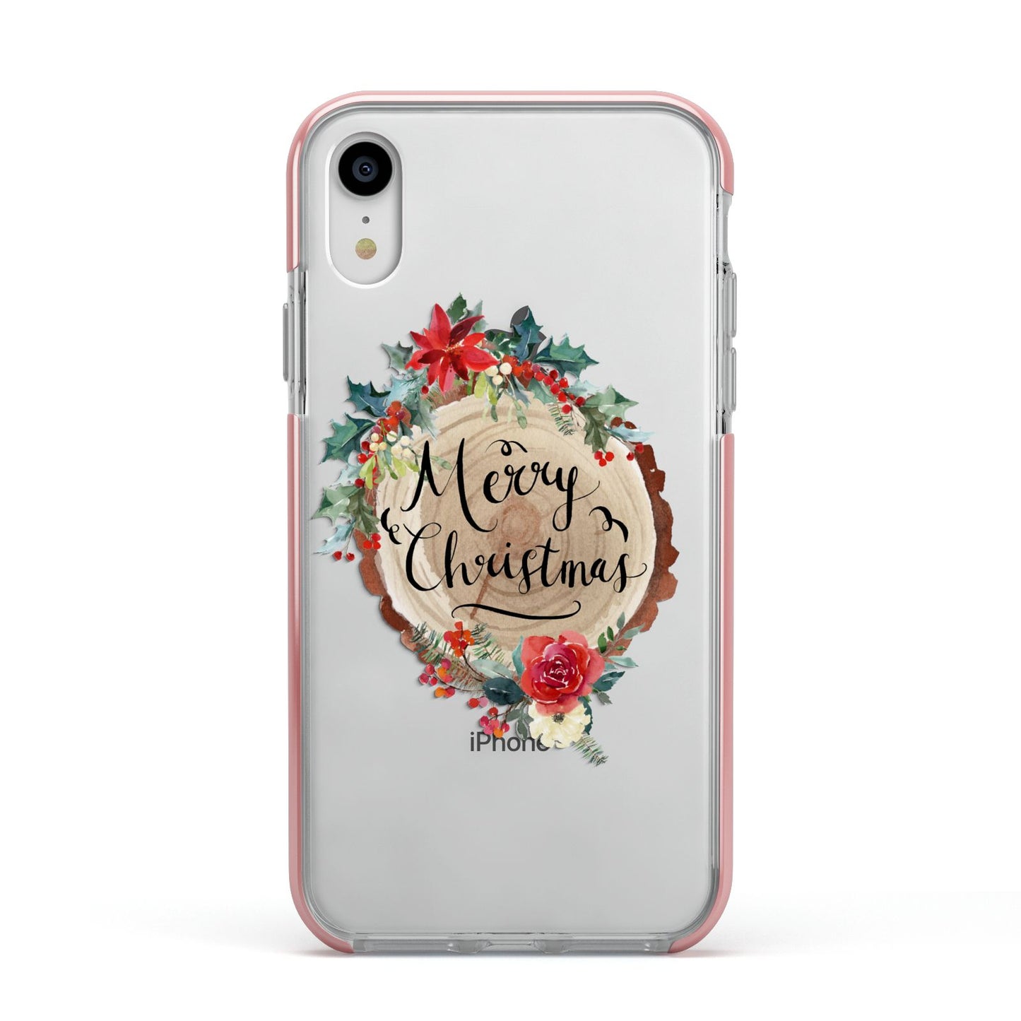 Merry Christmas Log Floral Apple iPhone XR Impact Case Pink Edge on Silver Phone