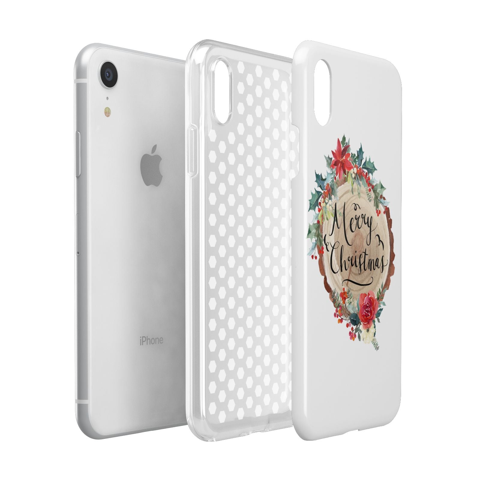Merry Christmas Log Floral Apple iPhone XR White 3D Tough Case Expanded view