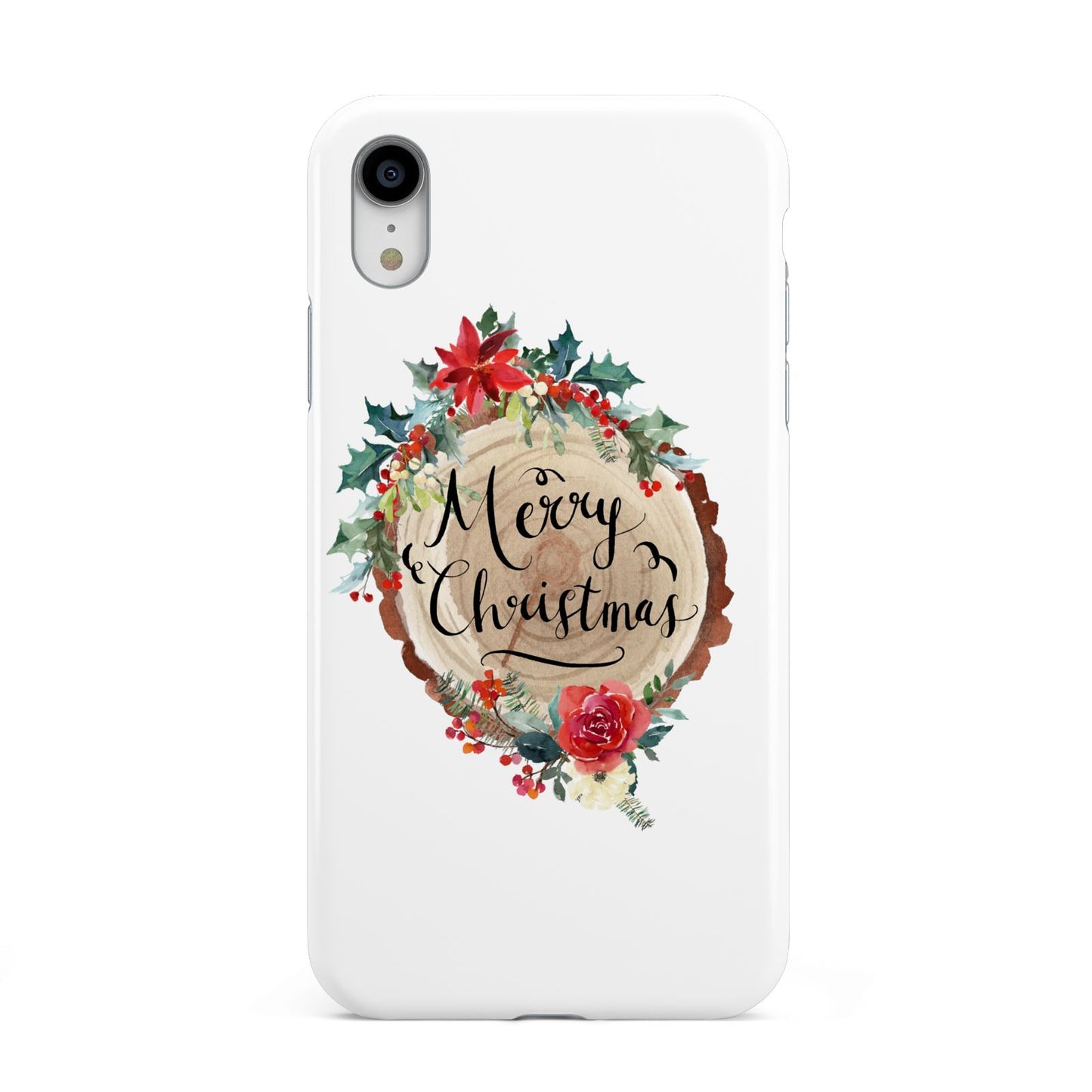 Merry Christmas Log Floral Apple iPhone XR White 3D Tough Case