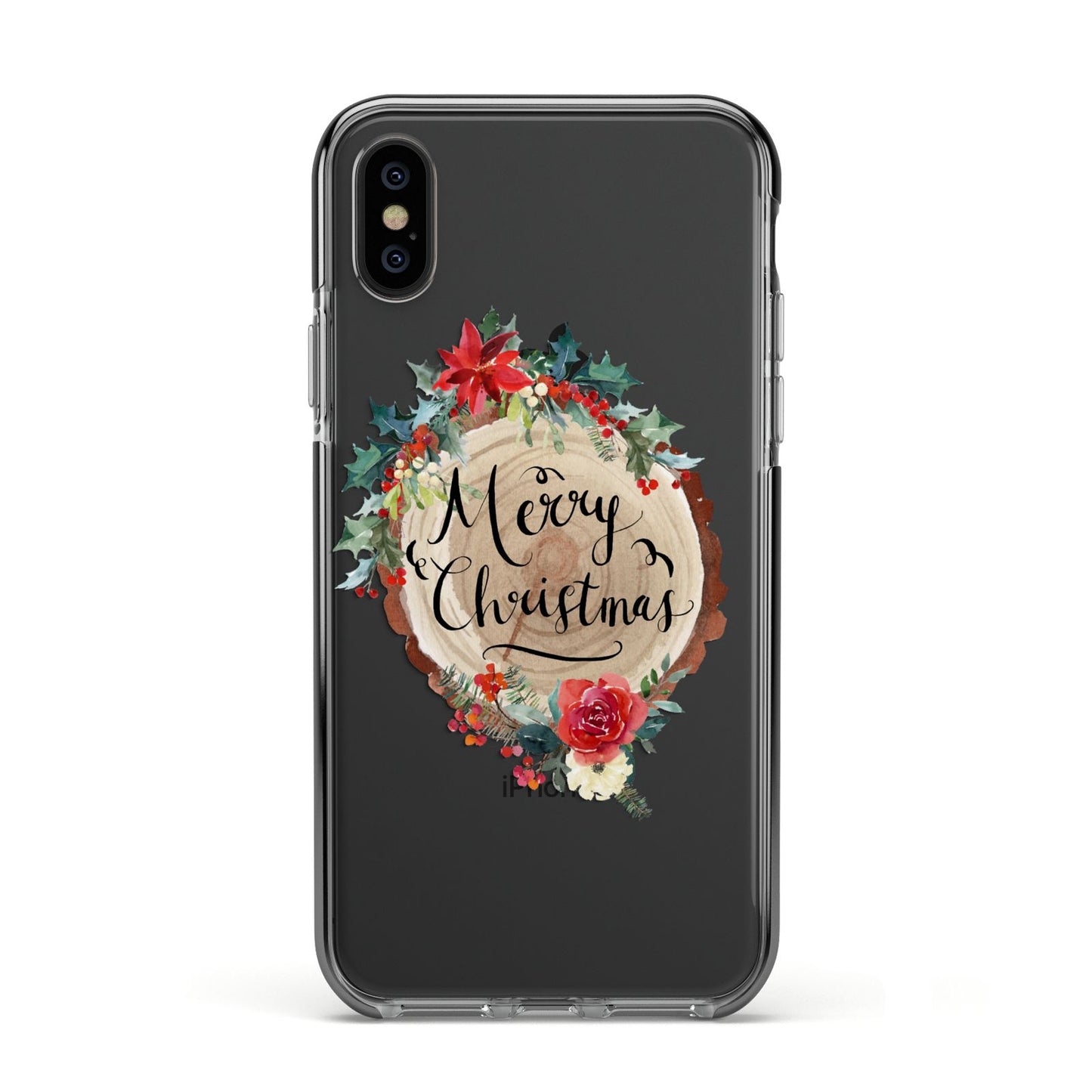 Merry Christmas Log Floral Apple iPhone Xs Impact Case Black Edge on Black Phone