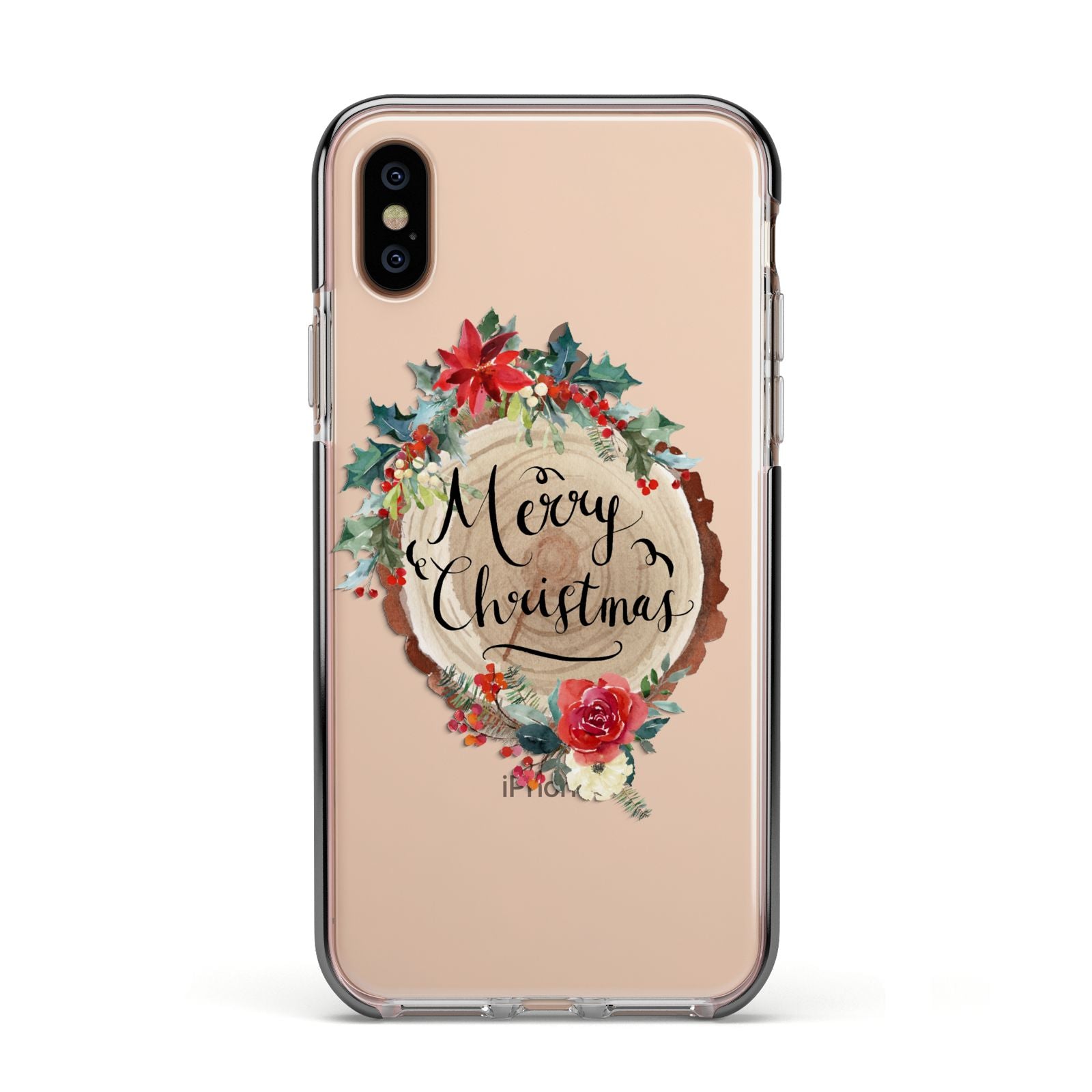 Merry Christmas Log Floral Apple iPhone Xs Impact Case Black Edge on Gold Phone