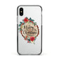 Merry Christmas Log Floral Apple iPhone Xs Impact Case Black Edge on Silver Phone