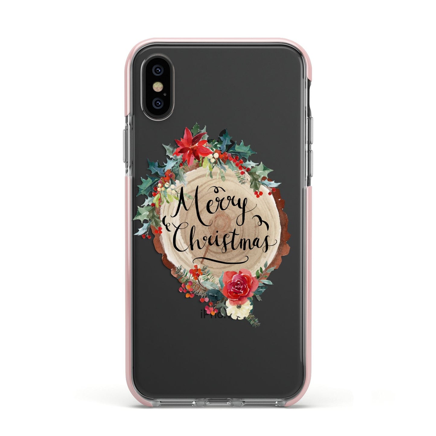 Merry Christmas Log Floral Apple iPhone Xs Impact Case Pink Edge on Black Phone