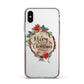 Merry Christmas Log Floral Apple iPhone Xs Impact Case Pink Edge on Silver Phone