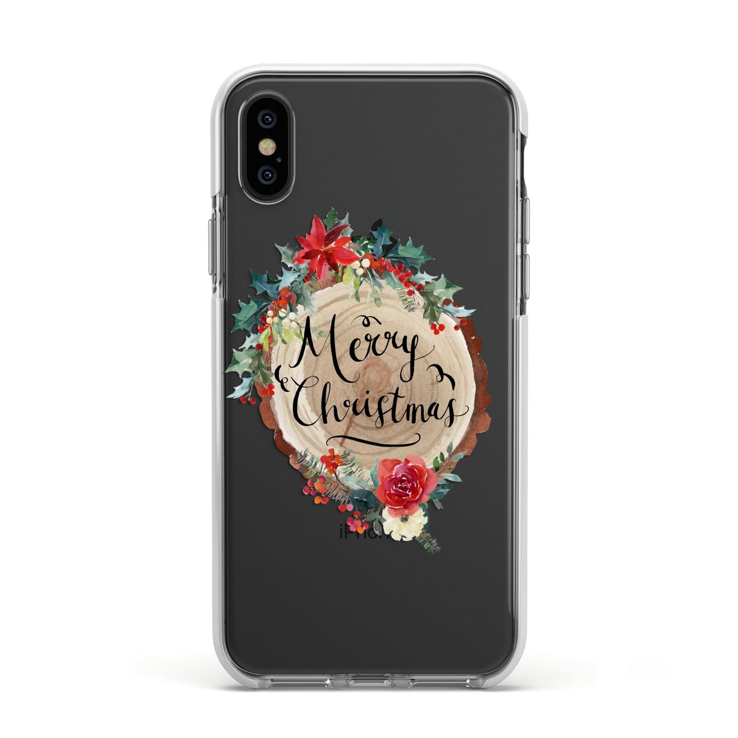 Merry Christmas Log Floral Apple iPhone Xs Impact Case White Edge on Black Phone