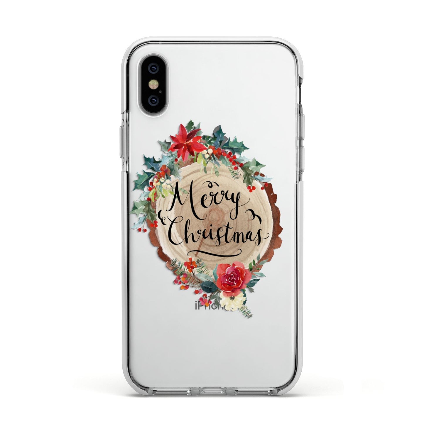 Merry Christmas Log Floral Apple iPhone Xs Impact Case White Edge on Silver Phone