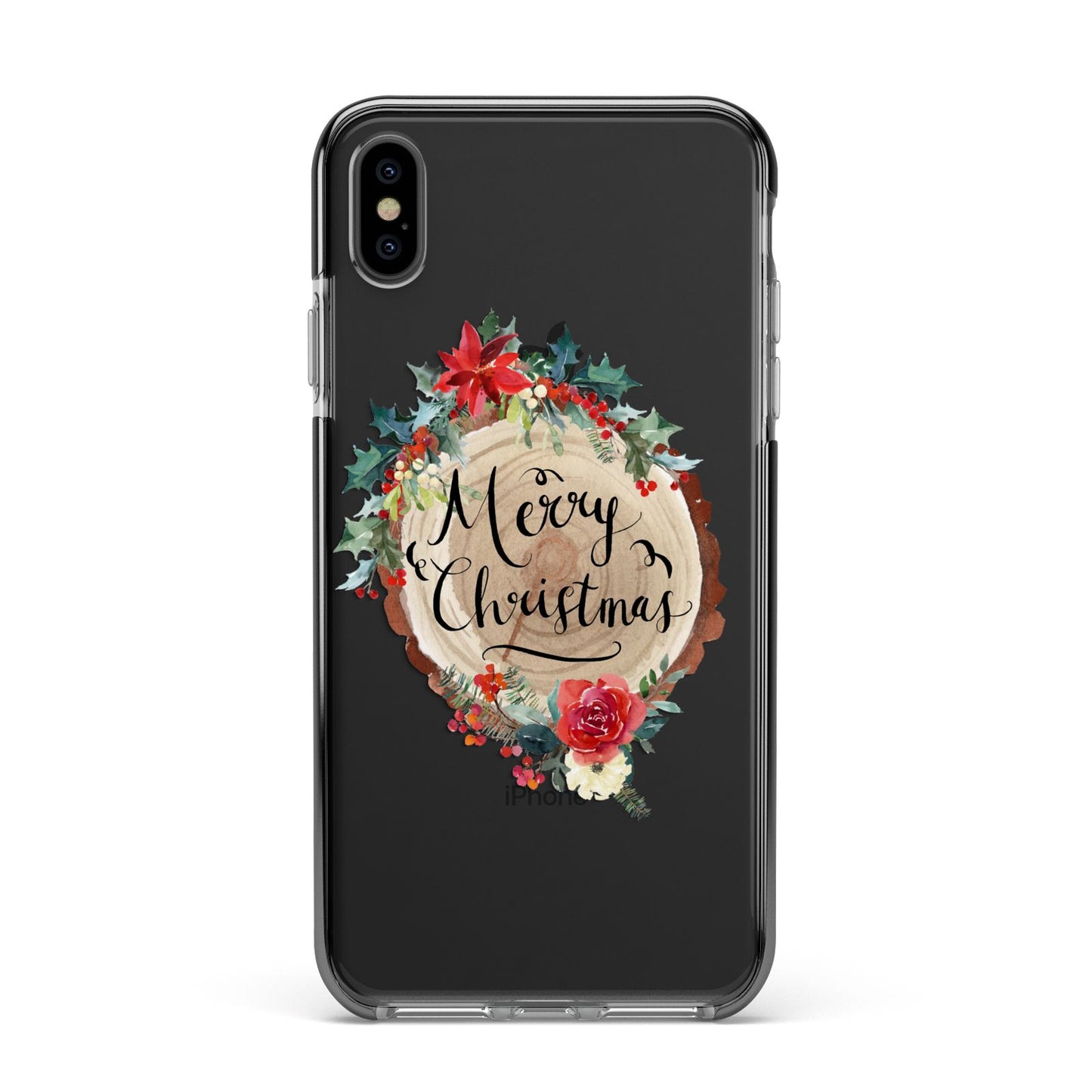 Merry Christmas Log Floral Apple iPhone Xs Max Impact Case Black Edge on Black Phone