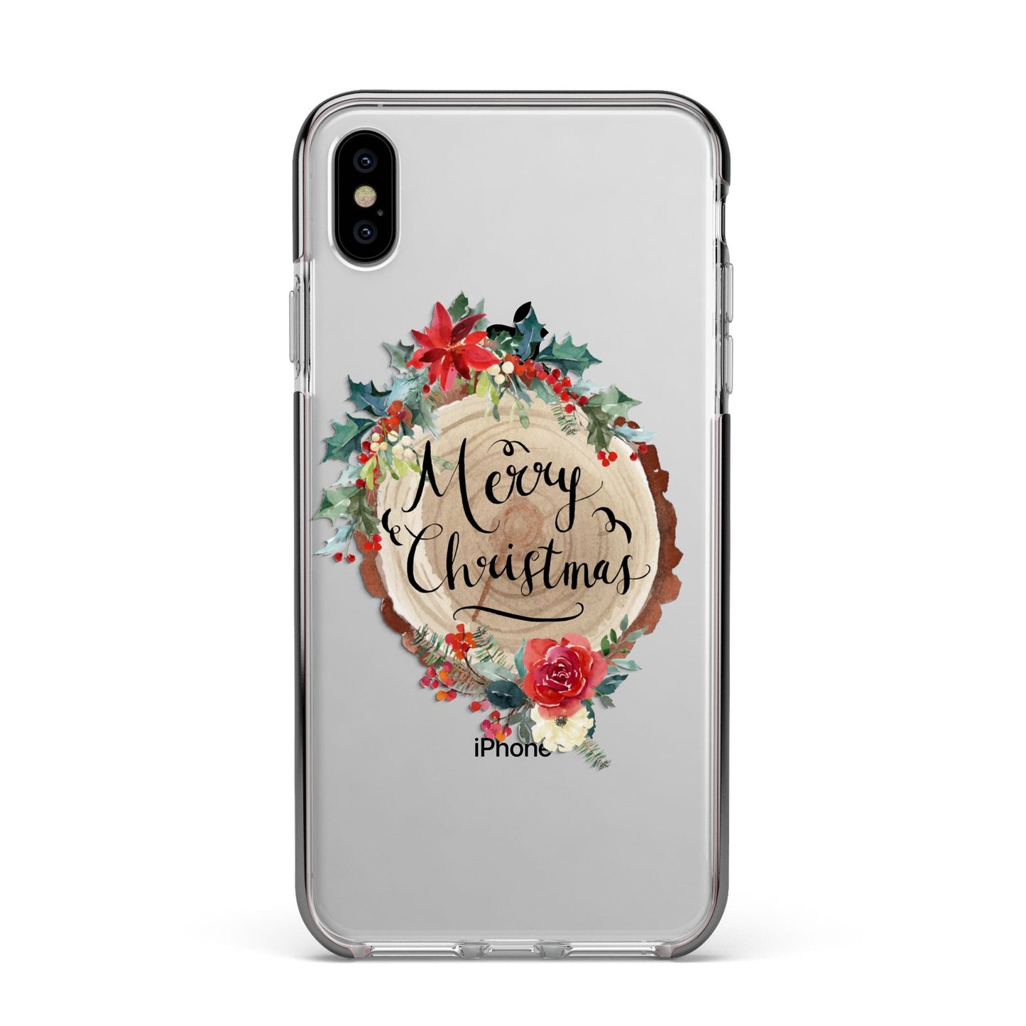 Merry Christmas Log Floral Apple iPhone Xs Max Impact Case Black Edge on Silver Phone