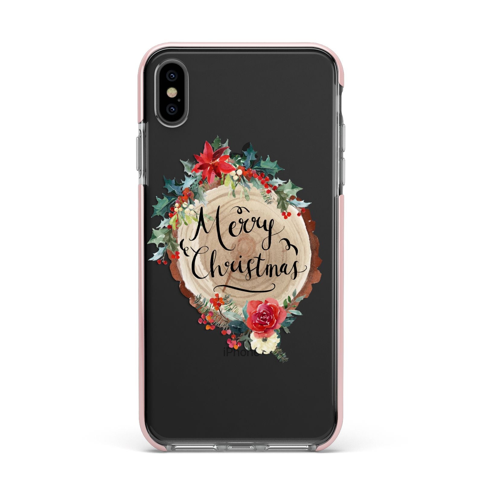 Merry Christmas Log Floral Apple iPhone Xs Max Impact Case Pink Edge on Black Phone