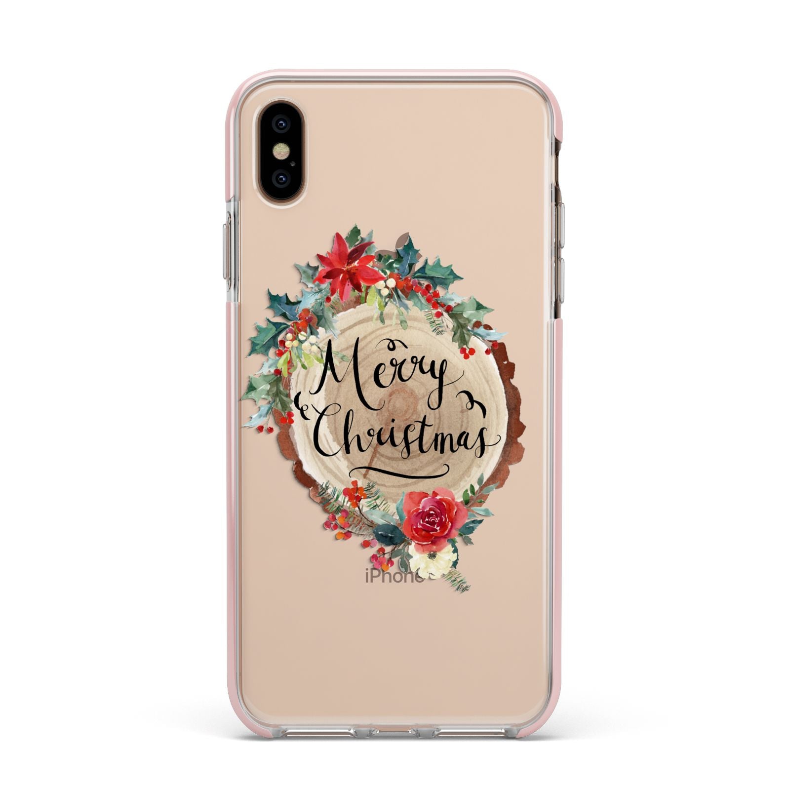 Merry Christmas Log Floral Apple iPhone Xs Max Impact Case Pink Edge on Gold Phone