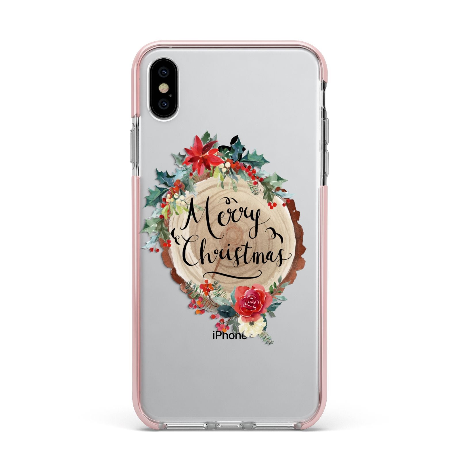 Merry Christmas Log Floral Apple iPhone Xs Max Impact Case Pink Edge on Silver Phone