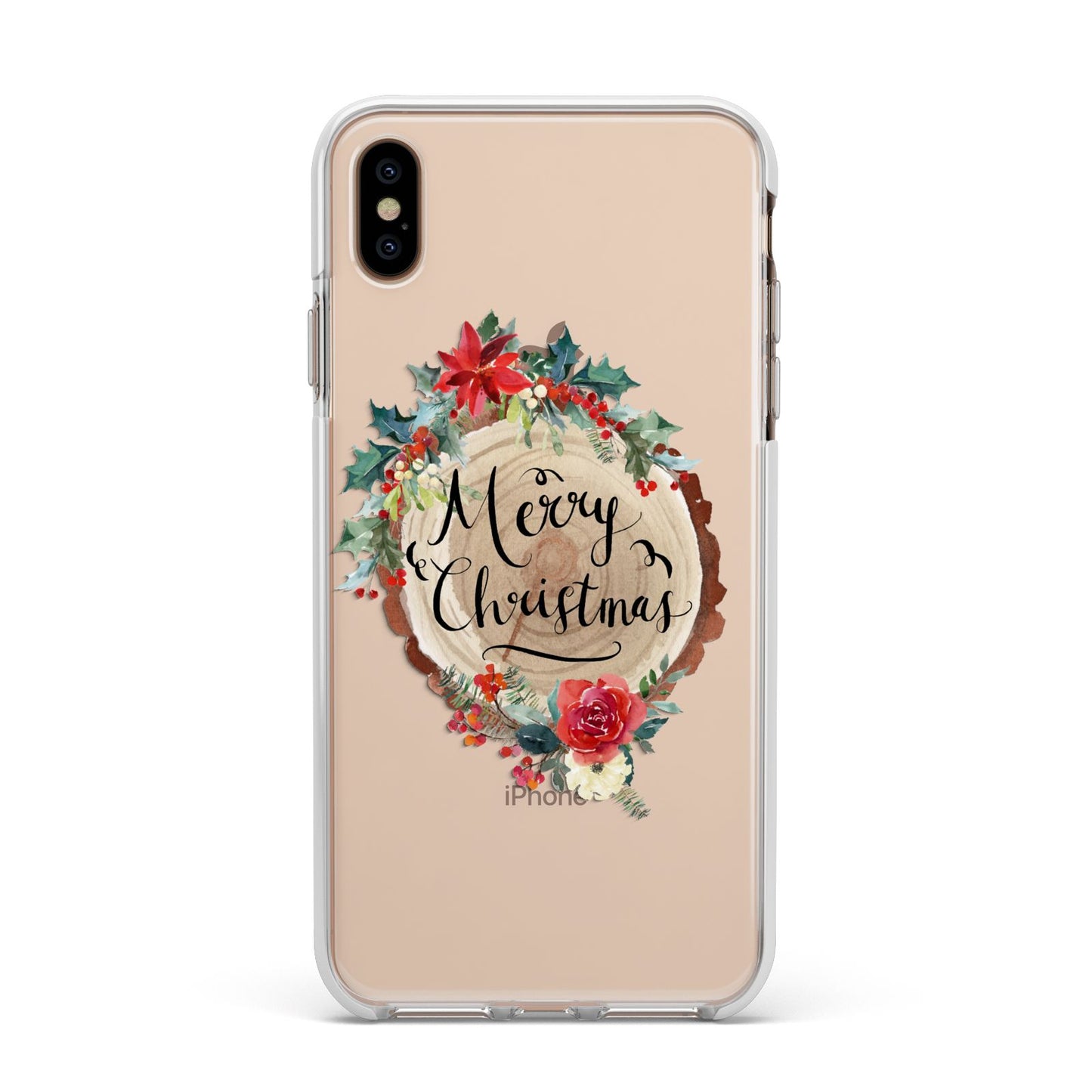 Merry Christmas Log Floral Apple iPhone Xs Max Impact Case White Edge on Gold Phone