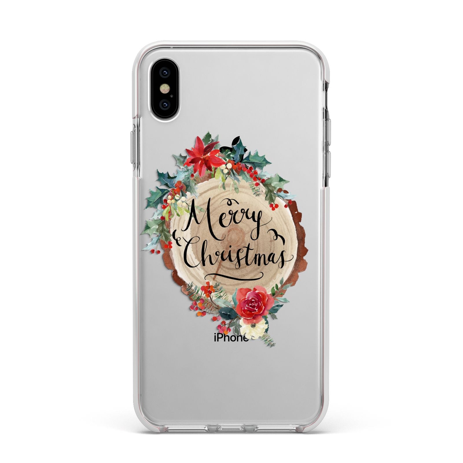 Merry Christmas Log Floral Apple iPhone Xs Max Impact Case White Edge on Silver Phone