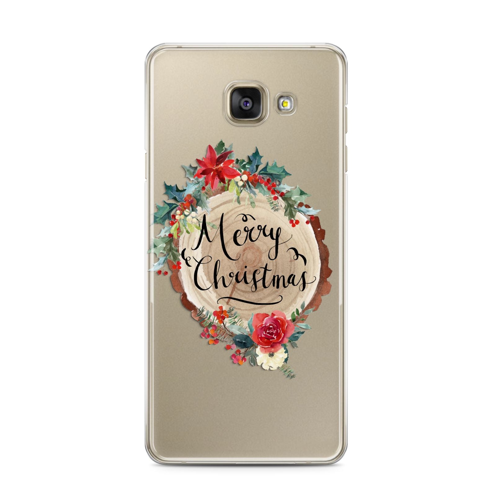 Merry Christmas Log Floral Samsung Galaxy A3 2016 Case on gold phone