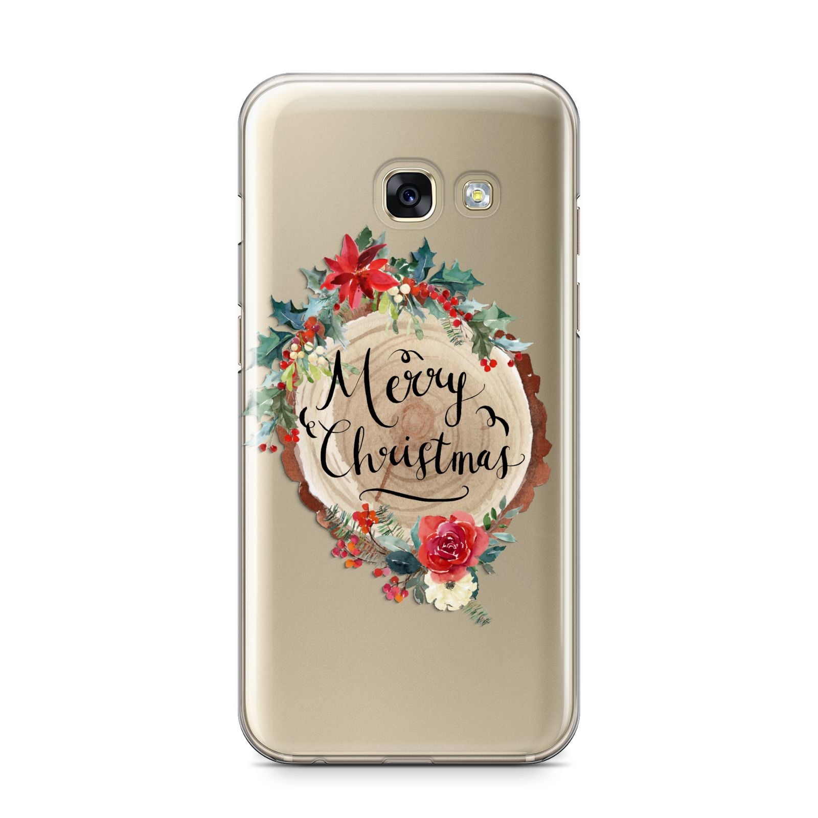 Merry Christmas Log Floral Samsung Galaxy A3 2017 Case on gold phone