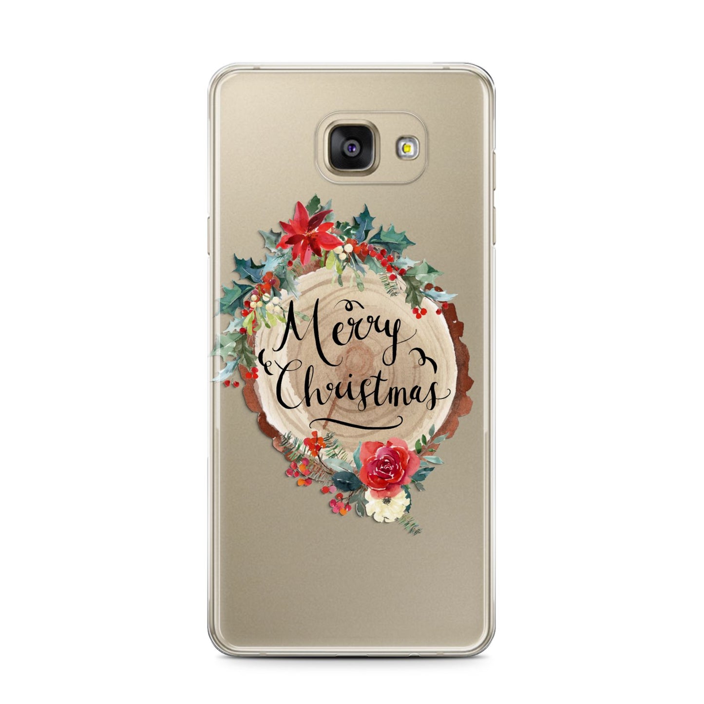 Merry Christmas Log Floral Samsung Galaxy A7 2016 Case on gold phone