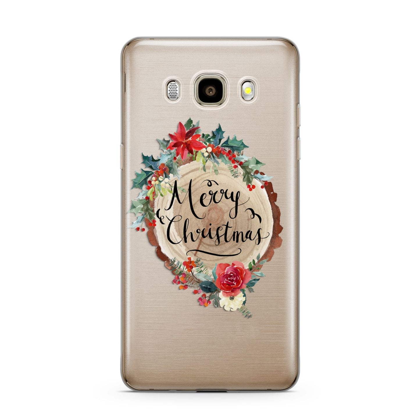 Merry Christmas Log Floral Samsung Galaxy J7 2016 Case on gold phone