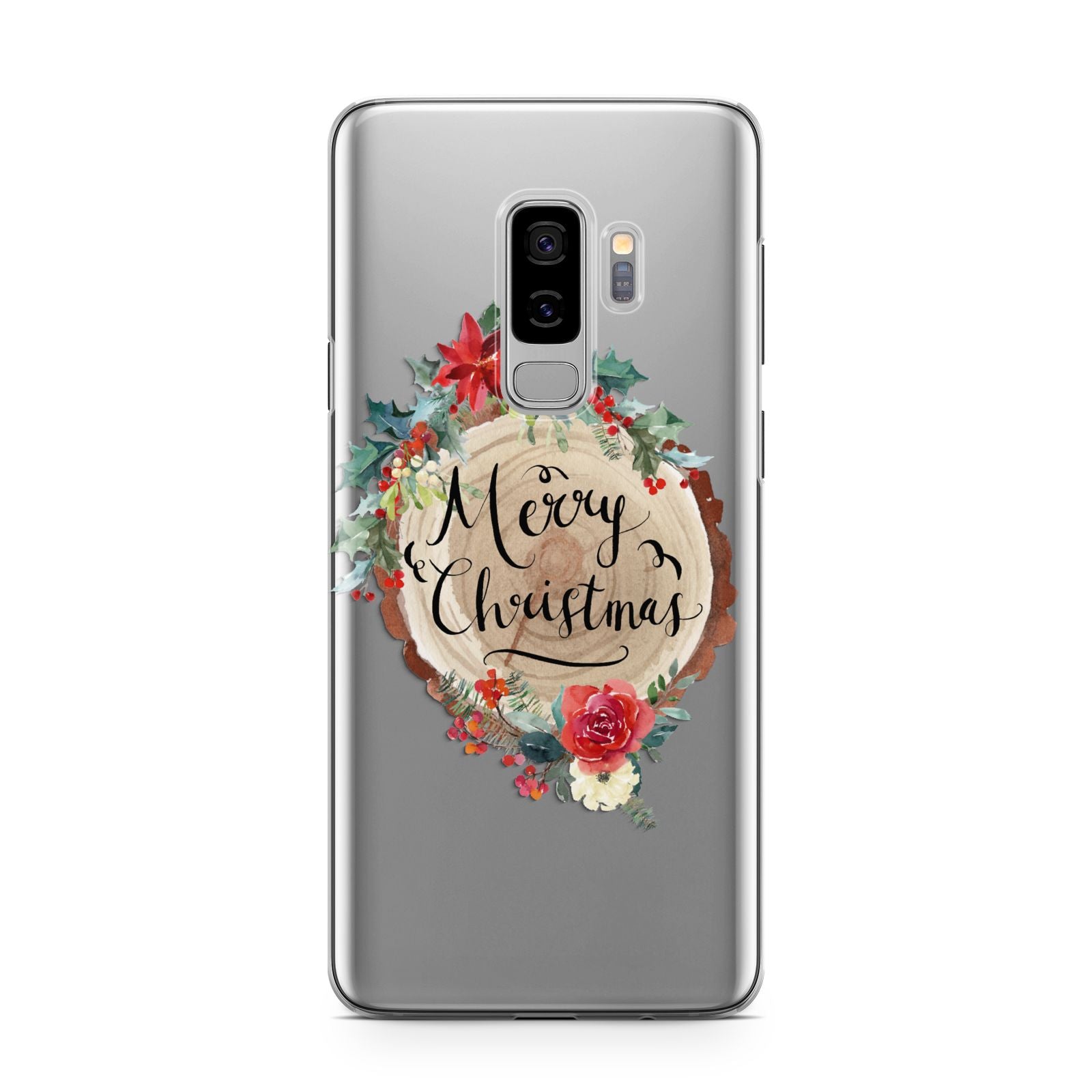 Merry Christmas Log Floral Samsung Galaxy S9 Plus Case on Silver phone