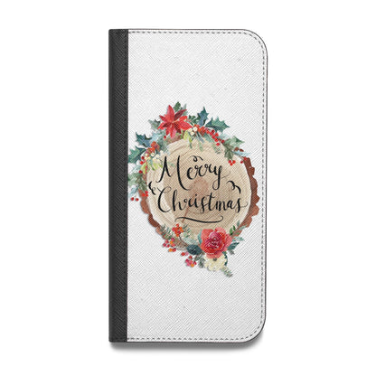 Merry Christmas Log Floral Vegan Leather Flip iPhone Case