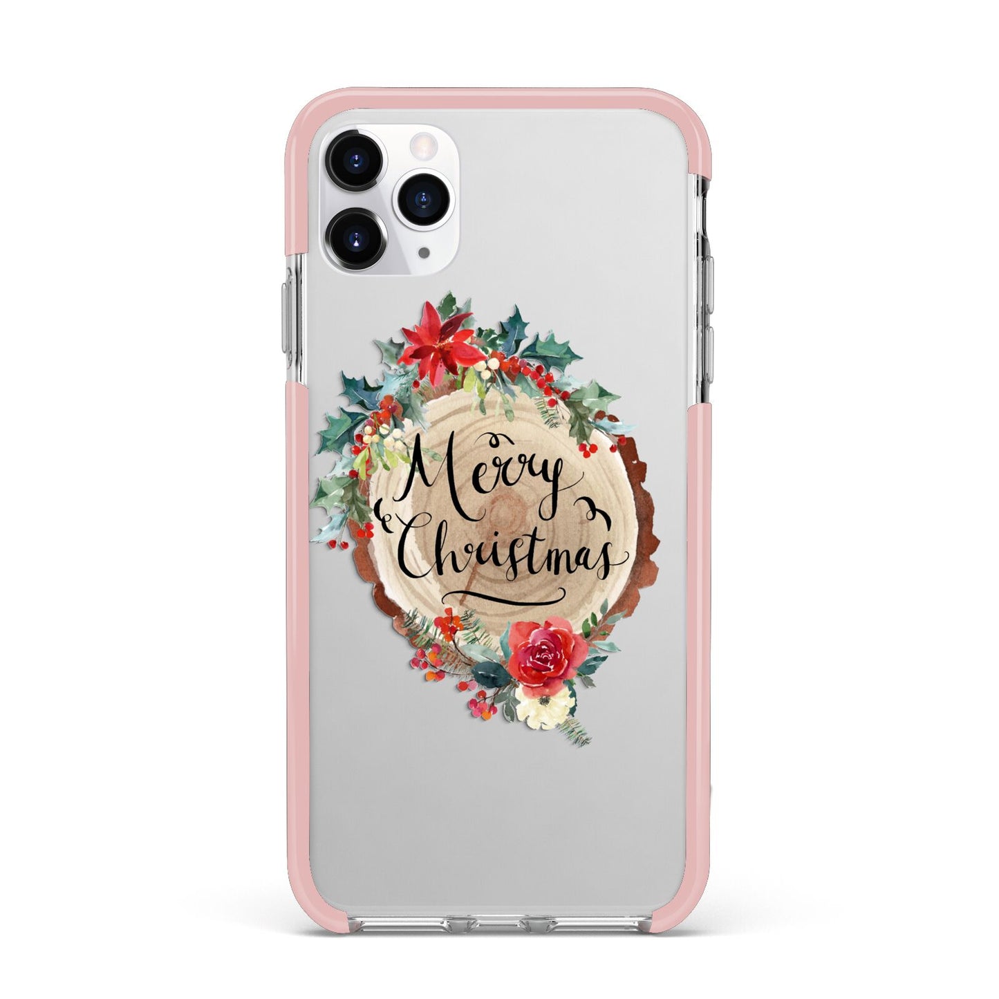 Merry Christmas Log Floral iPhone 11 Pro Max Impact Pink Edge Case