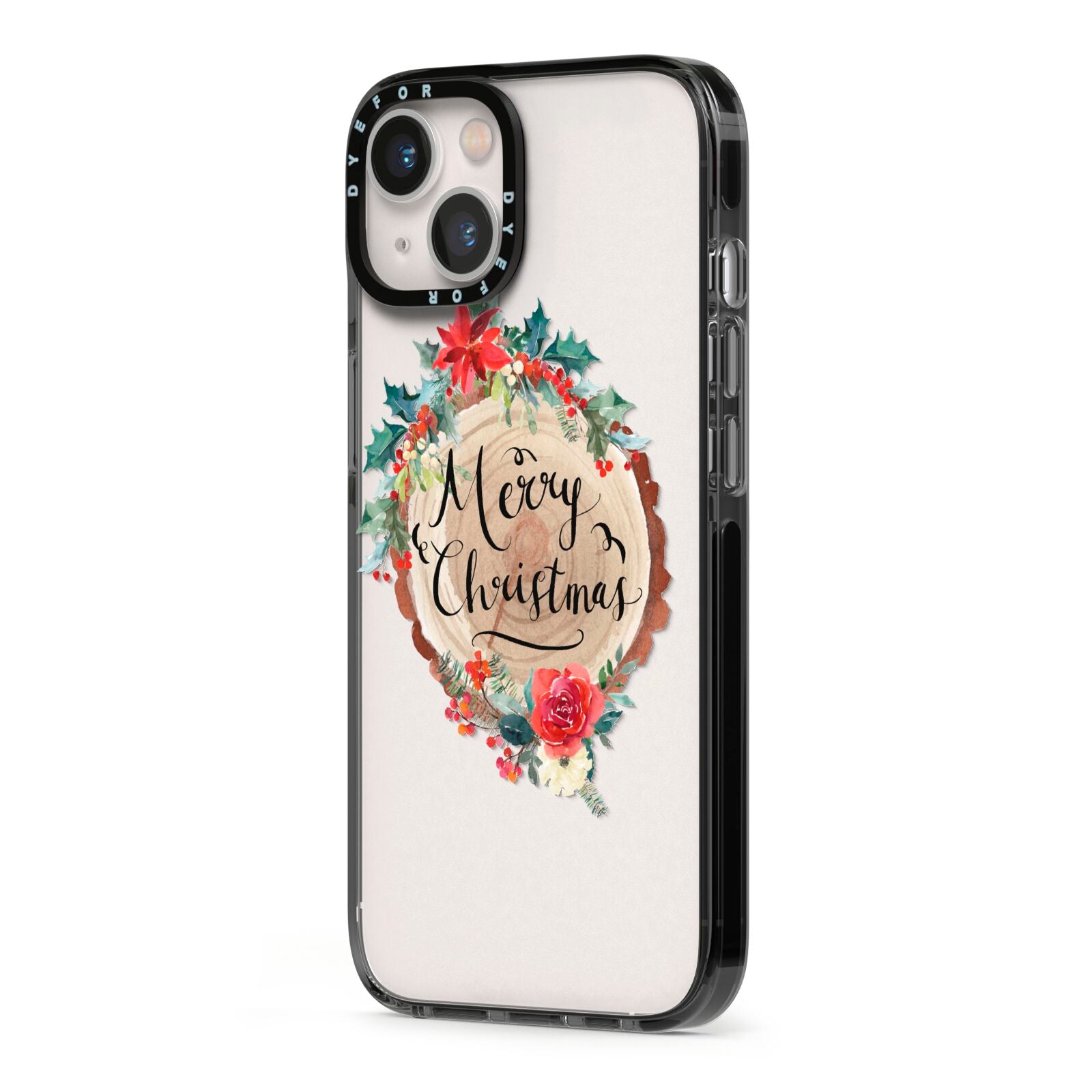 Merry Christmas Log Floral iPhone 13 Black Impact Case Side Angle on Silver phone