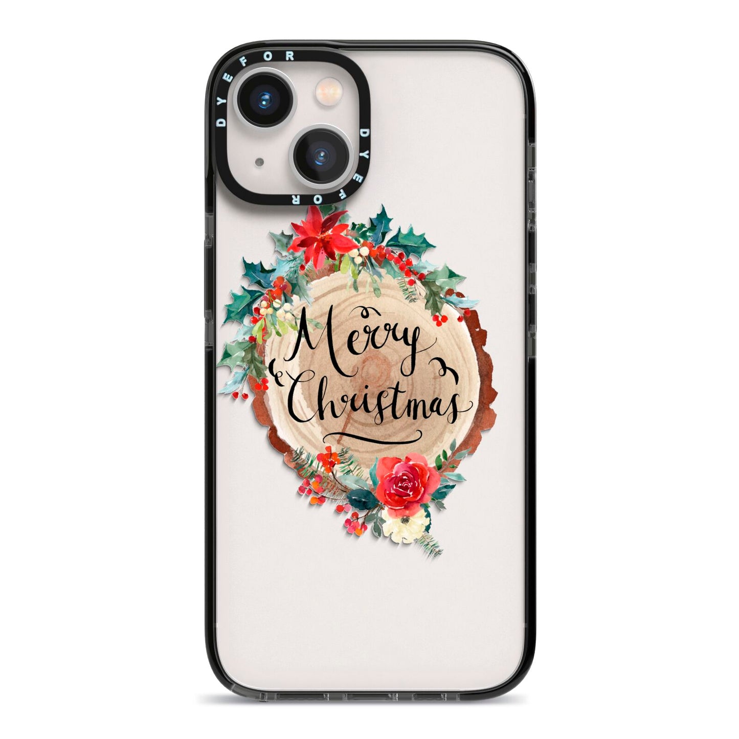 Merry Christmas Log Floral iPhone 13 Black Impact Case on Silver phone