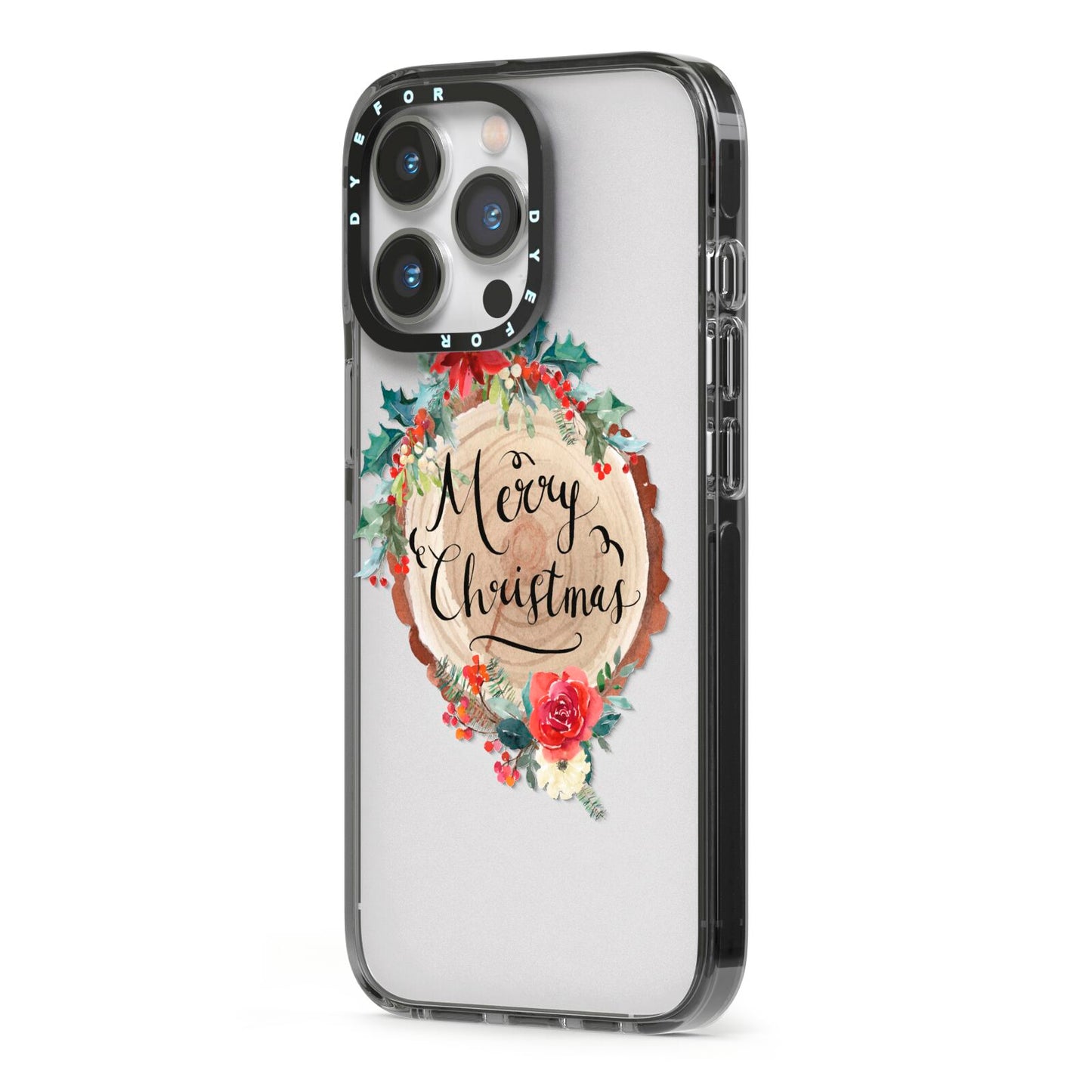 Merry Christmas Log Floral iPhone 13 Pro Black Impact Case Side Angle on Silver phone