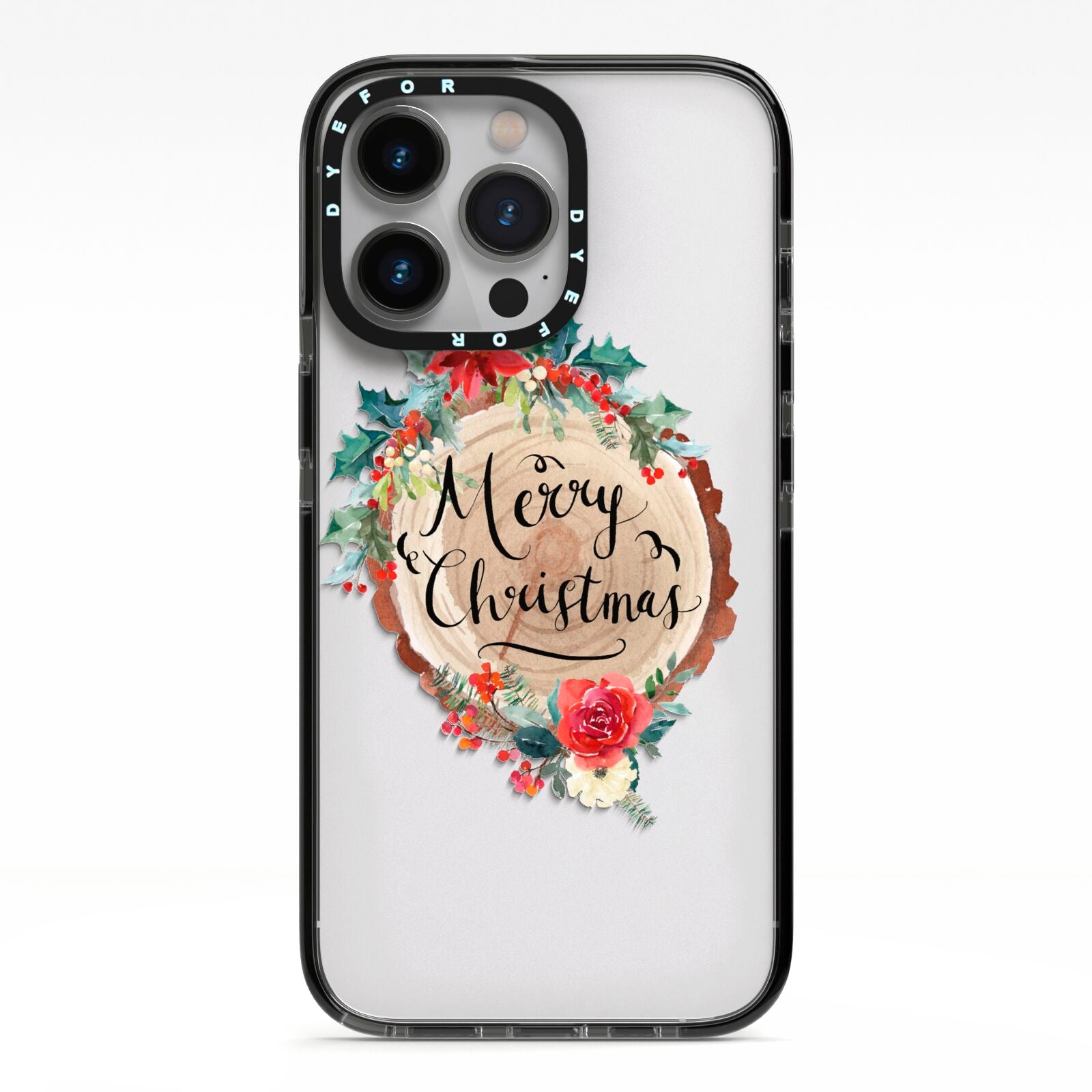 Merry Christmas Log Floral iPhone 13 Pro Black Impact Case on Silver phone