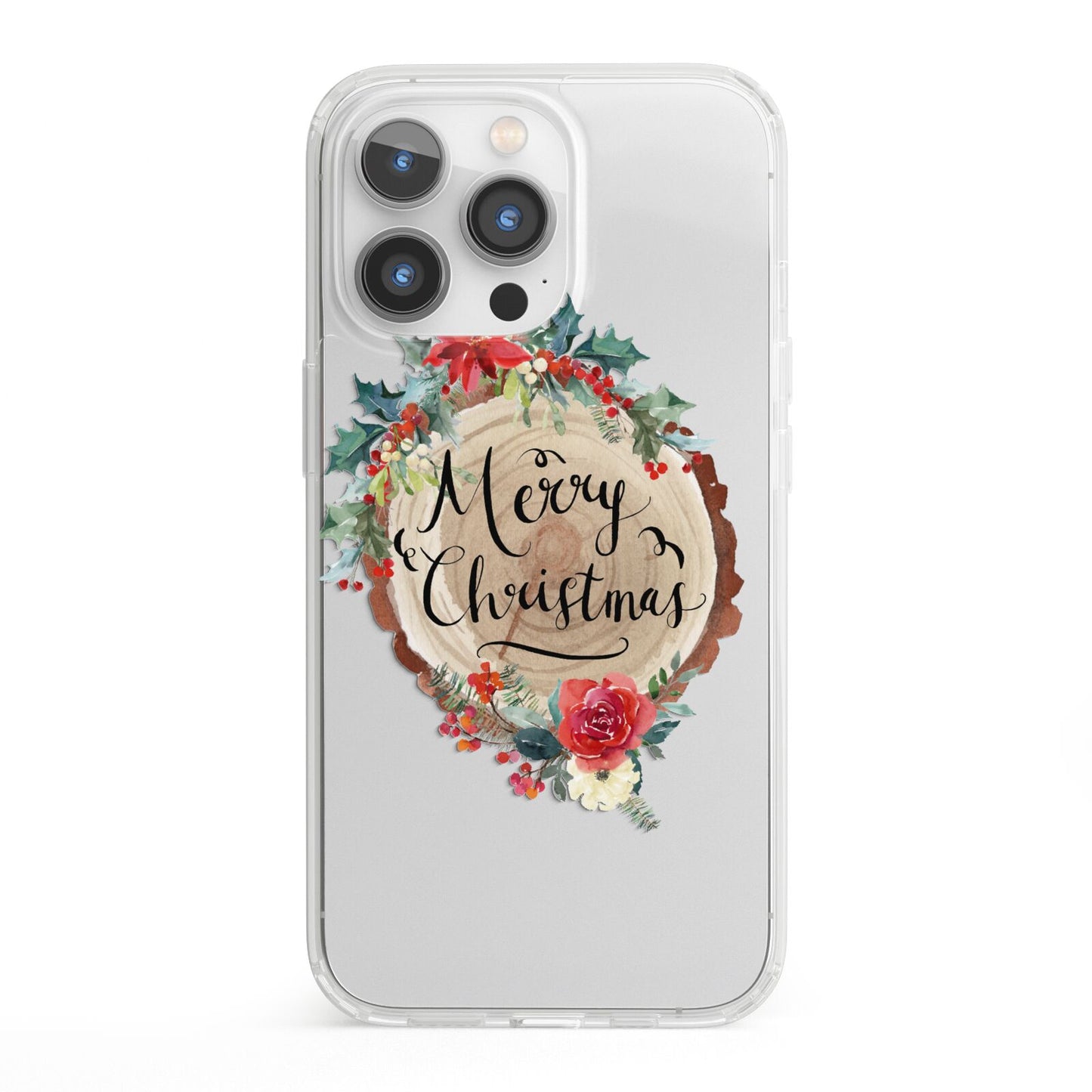 Merry Christmas Log Floral iPhone 13 Pro Clear Bumper Case
