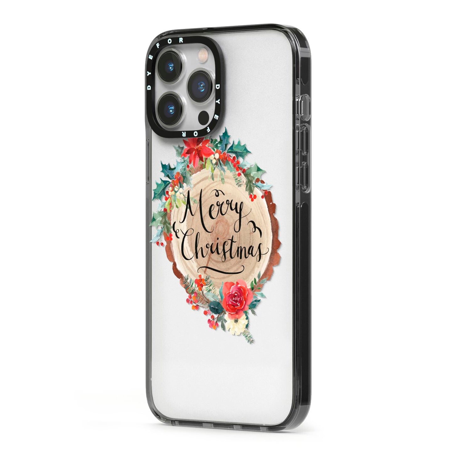 Merry Christmas Log Floral iPhone 13 Pro Max Black Impact Case Side Angle on Silver phone