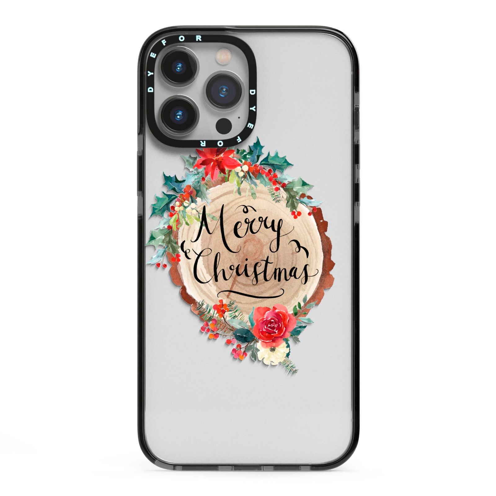 Merry Christmas Log Floral iPhone 13 Pro Max Black Impact Case on Silver phone
