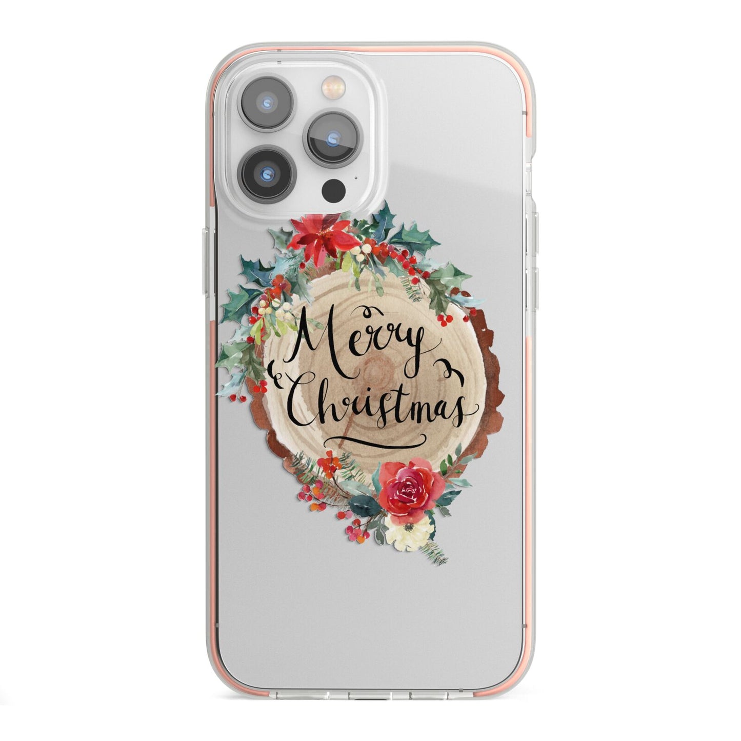 Merry Christmas Log Floral iPhone 13 Pro Max TPU Impact Case with Pink Edges