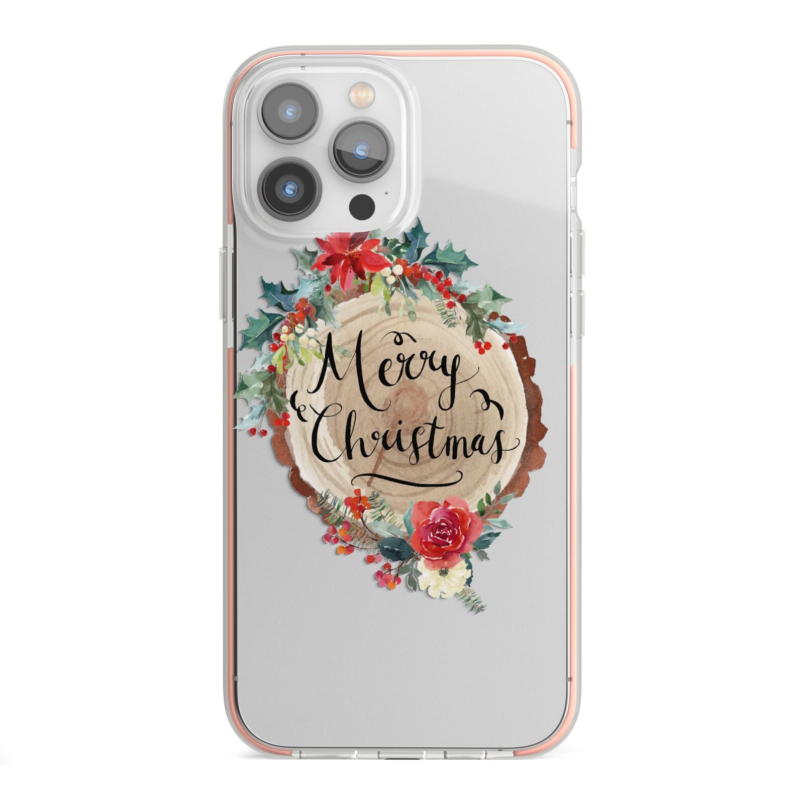 Merry Christmas Log Floral iPhone 13 Pro Max TPU Impact Case with Pink Edges