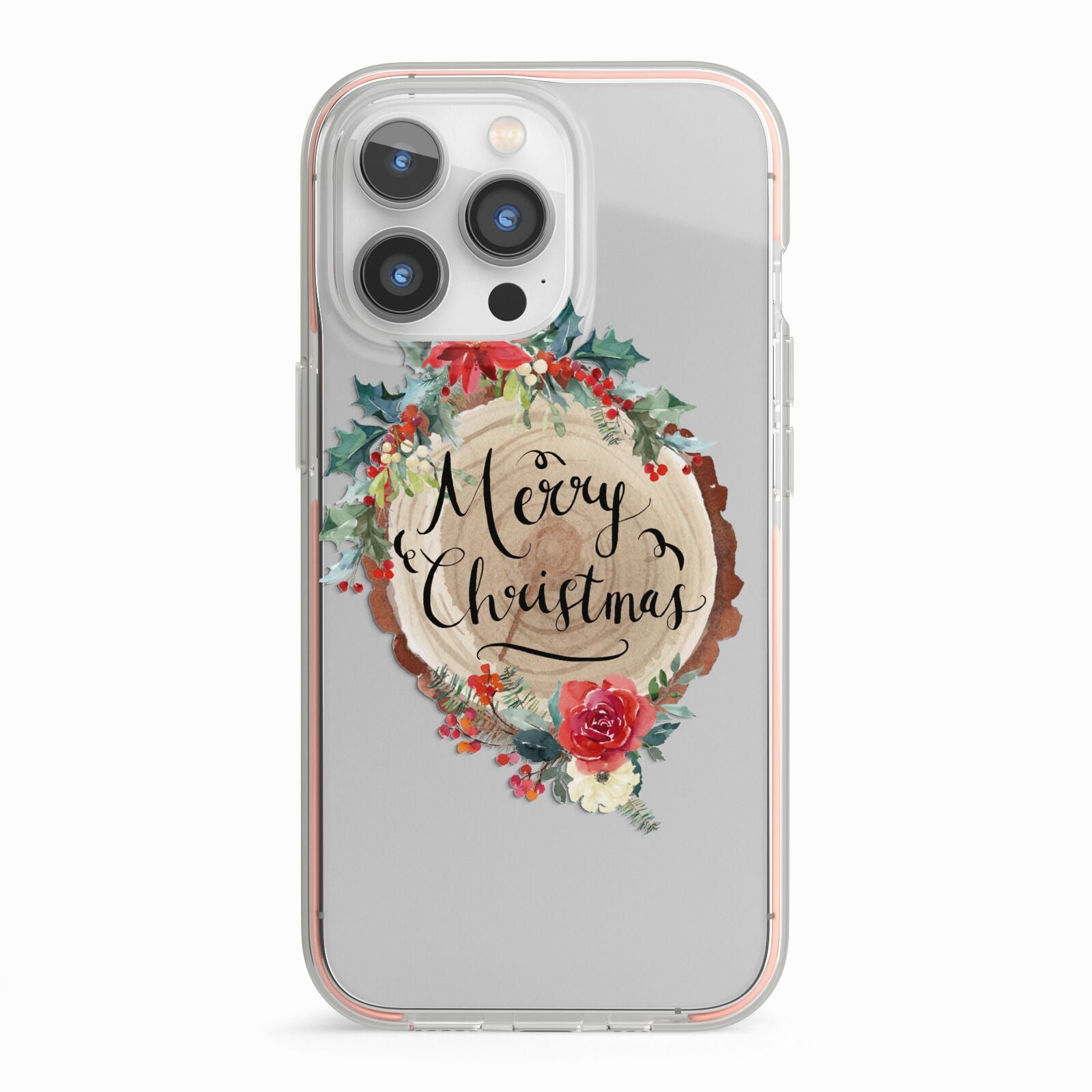 Merry Christmas Log Floral iPhone 13 Pro TPU Impact Case with Pink Edges